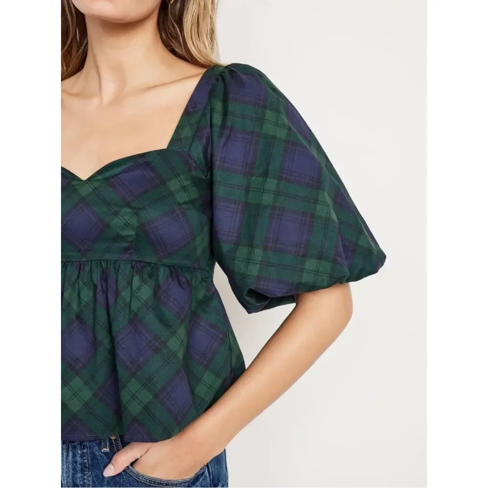 Old Navy green plaid Puff-Sleeve Plaid Poplin Peplum Top